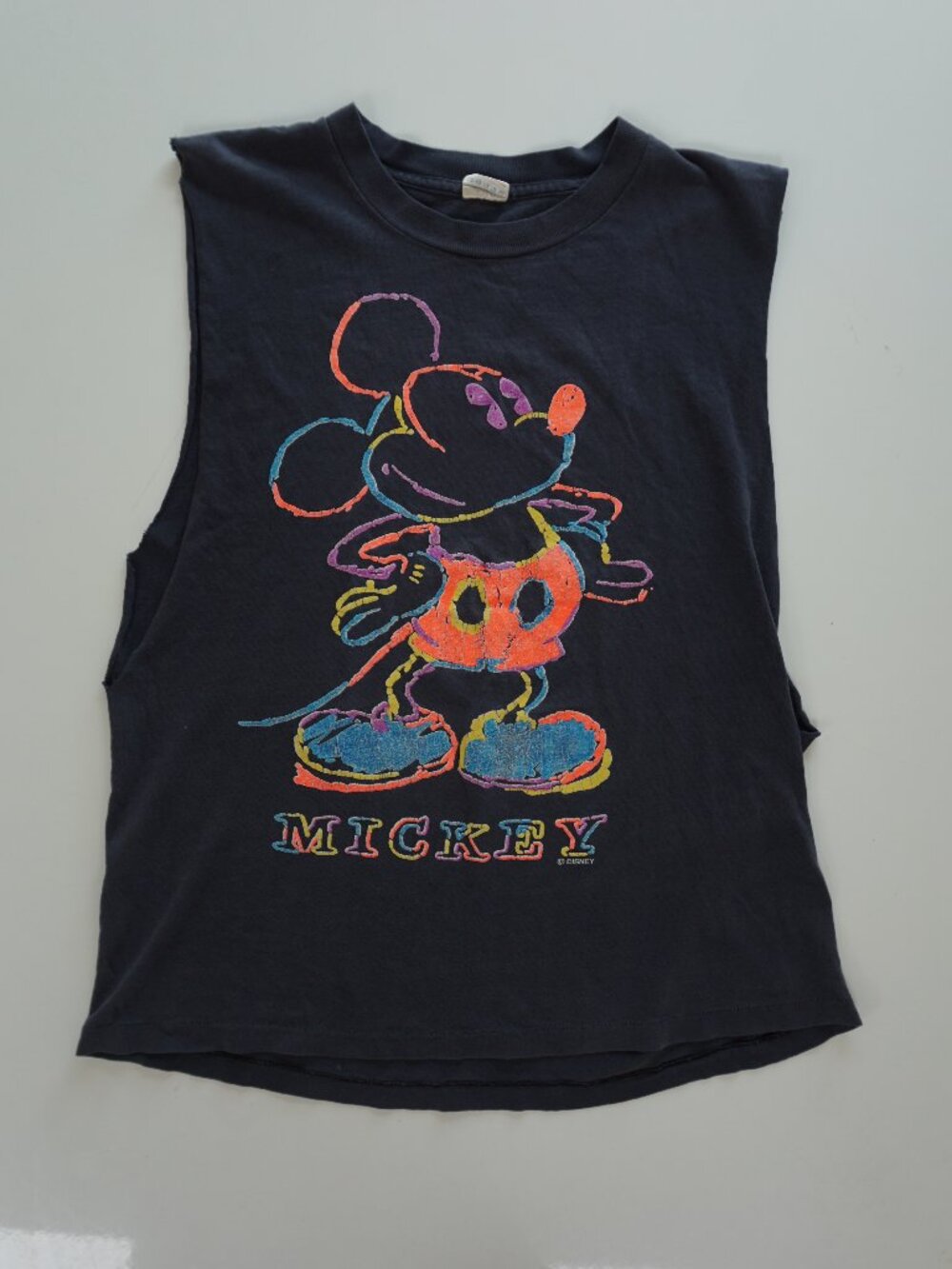 Vintage Mickey Mouse Colorful Outline Graphic Sleeveless Muscle Grey T Shirt S